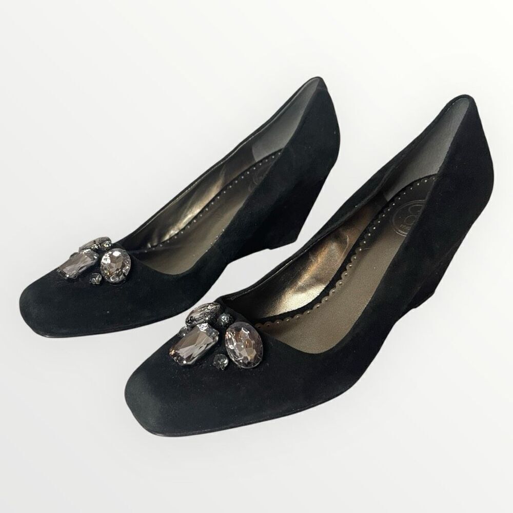 JESSICA SIMPSON Black Velour Wedge w/ Rhinestones Gems, Size 9